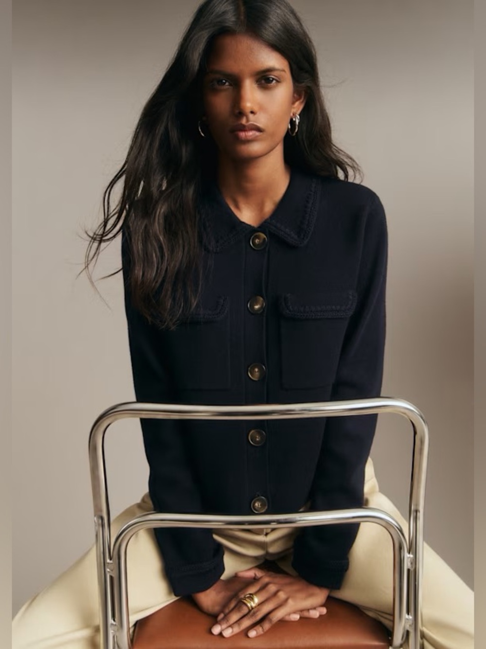 Sézane La Maille Betty Crochet Trim Knit Jacket Sweater Navy NWT Size L - Picture 3 of 14